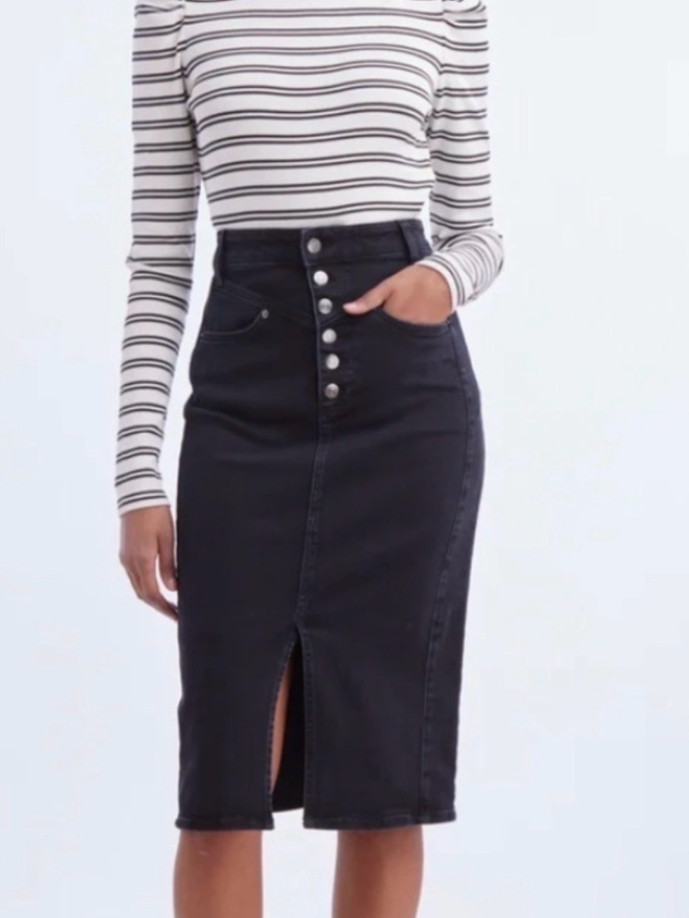 High-Rise Button-Front Black Denim Pencil Skirt